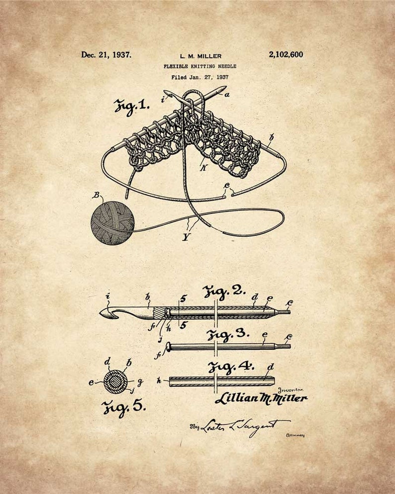 K&ouml;nnte beinhalten: Eine Schwarzwei&szlig;illustration eines Patents f&uuml;r eine flexible Stricknadel. Das Patent ist vom 21. Dezember 1937 datiert, und die Erfinderin ist Lillian M. Miller. Die Illustration zeigt verschiedene Ansichten der Nadel, einschlie&szlig;lich einer Nahaufnahme der Spitze.