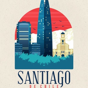 May include: A colorful illustration of the Santiago skyline featuring a tall skyscraper, a smaller building, and a church with a clock tower. The illustration is set against a red and white background with the text "SANTIAGO DE CHILE" below.