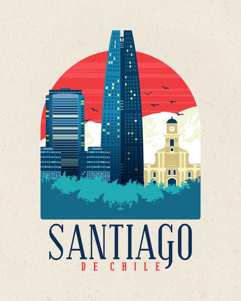 May include: A colorful illustration of the Santiago skyline featuring a tall skyscraper, a smaller building, and a church with a clock tower. The illustration is set against a red and white background with the text "SANTIAGO DE CHILE" below.