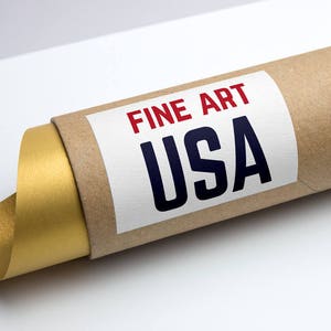 May include: A brown cardboard tube with a gold-colored paper inside. The tube has a white label with the text "FINE ART USA" in red and blue lettering.