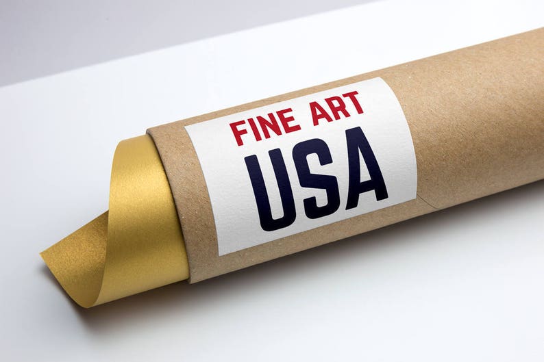 May include: A brown cardboard tube with a gold-colored paper inside. The tube has a white label with the text "FINE ART USA" in red and blue lettering.