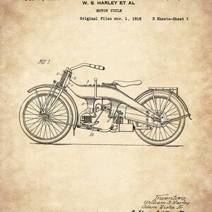 May include: A black and white line drawing of a motorcycle patent, showing a side view of the motorcycle. The patent number 1,510,937 is visible at the top right corner of the image. The text "Oct. 7, 1924." is visible at the top left corner of the image. The text "W. S. HARLEY ET AL" is visible at the top center of the image. The text "MOTOR CYCLE" is visible below "W. S. HARLEY ET AL". The text "Original Filed Nov. 1, 1919" is visible below "MOTOR CYCLE". The text "3 Sheets-Sheet 1" is visible below "Original Filed Nov. 1, 1919". The text "Fig. 1" is visible in the top left corner of the image. The text "Inventors: William S Harley Adam Ziska Jr" is visible at the bottom right corner of the image. The text "By Edwin B.H.Tou" is visible below "Inventors: William S Harley Adam Ziska Jr".