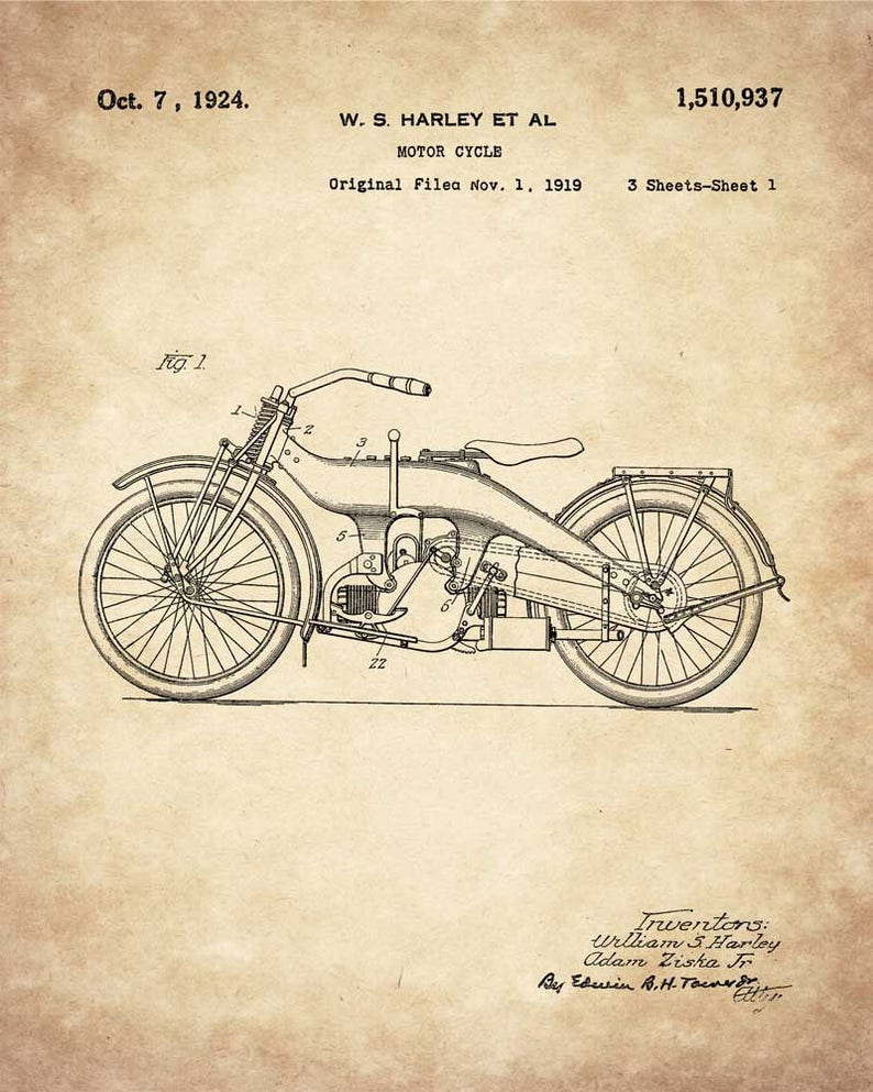 May include: A black and white line drawing of a motorcycle patent, showing a side view of the motorcycle. The patent number 1,510,937 is visible at the top right corner of the image. The text "Oct. 7, 1924." is visible at the top left corner of the image. The text "W. S. HARLEY ET AL" is visible at the top center of the image. The text "MOTOR CYCLE" is visible below "W. S. HARLEY ET AL". The text "Original Filed Nov. 1, 1919" is visible below "MOTOR CYCLE". The text "3 Sheets-Sheet 1" is visible below "Original Filed Nov. 1, 1919". The text "Fig. 1" is visible in the top left corner of the image. The text "Inventors: William S Harley Adam Ziska Jr" is visible at the bottom right corner of the image. The text "By Edwin B.H.Tou" is visible below "Inventors: William S Harley Adam Ziska Jr".