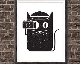 Cat Lover Gift, Cat and Camera, Photographer Gift, cat poster, cat art, cat illustration, cat wall art, cat artwork, cat print, cat decor