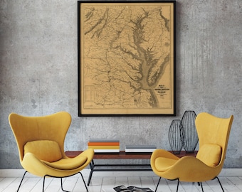 Vintage kaartafdruk Chesapeake Bay, Maryland, Virginia, Delaware, zeekaart