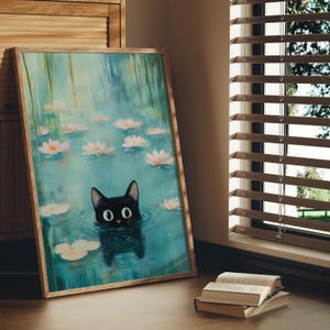 Cute Black Cat Wall Art Funny Cat in Water with Lily Pads Whimsical Monet Inspired Print for Cat Lovers or Gift for Her