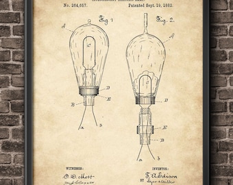 May include: A black and white vintage patent drawing for an incandescent electric lamp, patented 19 September 1882, by Thomas Alva Edison. The drawing shows two different views of the lamp, with labels for each part. The patent number is 264,657.