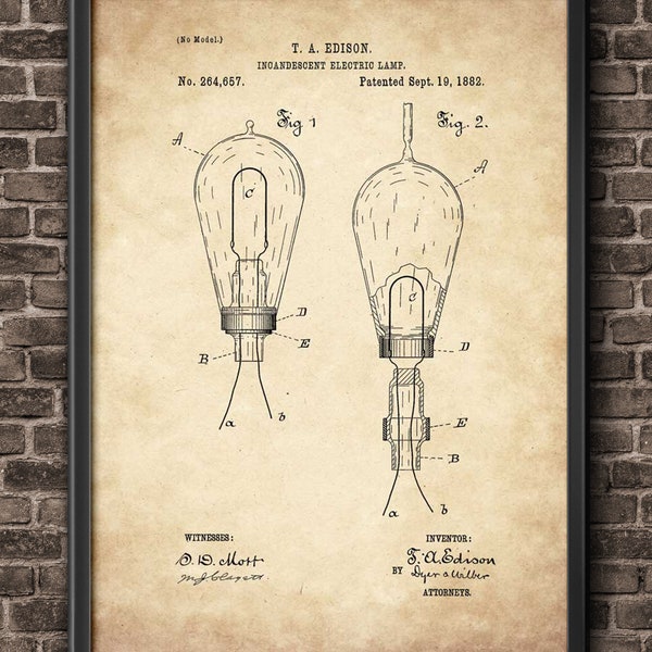 Edison Bulb Patent Print Art 1882 Home Decor Wall Art, Gift For Him, Engineer Gift, Dorm Room