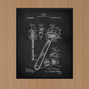 Tool Poster, Wrench Patent, Tool Art, Tool Decor, Adjustable Wrench, antique tools, 1915 wrench design, diy tools, garage poster, handy tool