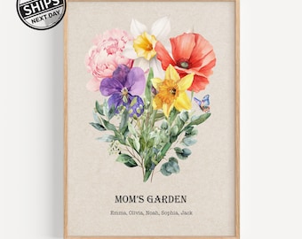 Birth Flower Family Bouquet Watercolor Print Personalized Gift Mother's Day Grandmother Gift Floral Family Portrait