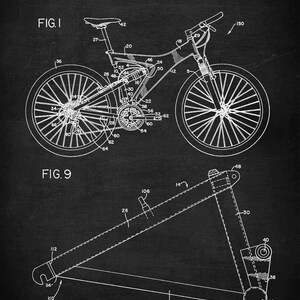 May include: A black and white line drawing of a bicycle patent, showing the design of a mountain bike with suspension. The patent number is 5,685,553 and the date is November 11, 1997. The drawing shows the bike's frame, wheels, and suspension system. The patent drawing is labeled "FIG. I" and "FIG. 9".