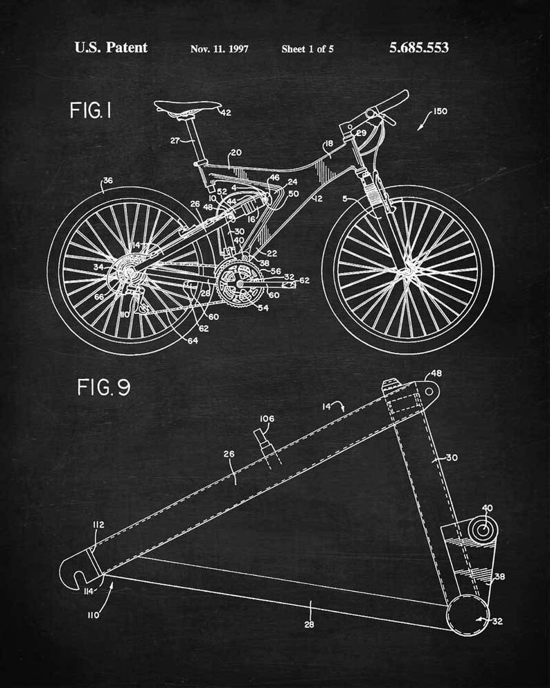 May include: A black and white line drawing of a bicycle patent, showing the design of a mountain bike with suspension. The patent number is 5,685,553 and the date is November 11, 1997. The drawing shows the bike's frame, wheels, and suspension system. The patent drawing is labeled "FIG. I" and "FIG. 9".