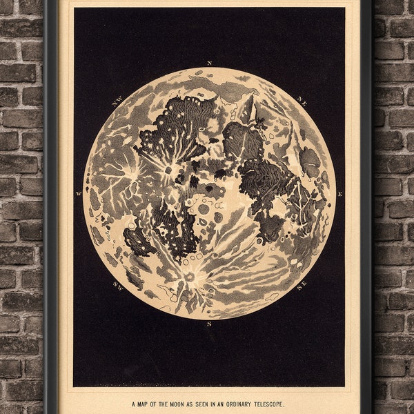 Full Moon Print Poster Vintage Image to Frame, Full Moon Map Reproduction - Vintage Lunar Astronomy Wall Art Print - Telescopic Moon View