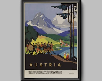 May include: A vintage travel poster advertising Austria. The poster features a colorful illustration of a mountain range, a lake, a village, and a group of people in traditional clothing playing music. The text on the poster reads "Austria" and "Osterreichische Verkehrswerbung."
