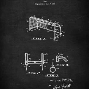 May include: Black and white line drawing of a patent for a goal. The patent is for a goal with a net and a frame. The patent is dated April 13, 1937. The patent number is 2,077,343.