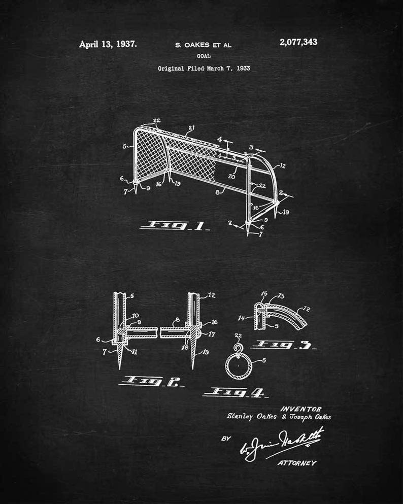 May include: Black and white line drawing of a patent for a goal. The patent is for a goal with a net and a frame. The patent is dated April 13, 1937. The patent number is 2,077,343.