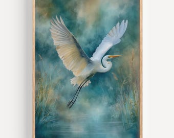Great Egret Flying Over Water Art Print Peaceful Bird Wall Art in Blue Green Tones for Nature Lovers or Elegant Gift for Bird Enthusiasts