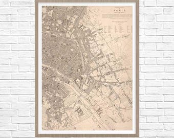 art mural carte de Paris vintage, décoration de Paris, cartes anciennes, carte du vieux Paris, carte de Paris vintage, impression carte de Paris, carte vintage de Paris