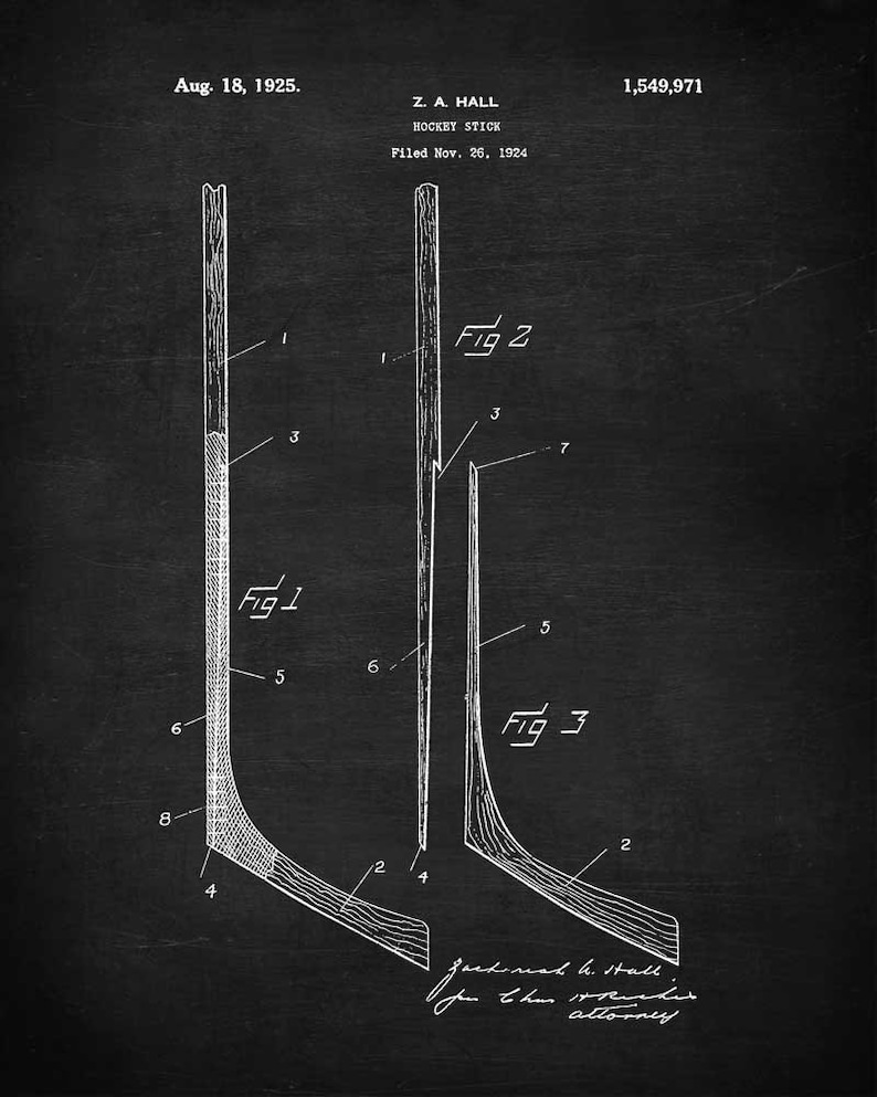 May include: Black and white line drawing of a hockey stick patent. The patent is for a hockey stick with a curved blade. The patent number is 1,549,971. The patent was filed on November 26, 1924 and granted on August 18, 1925. The patent is for Z. A. Hall.