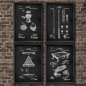 May include: A set of four vintage black and white patent prints for billiard equipment. The prints feature illustrations of a billiard ball, a pool cue, a pool table, and a rack of billiard balls. The prints are framed in black frames and are displayed on a brick wall.
