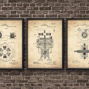 May include: Three vintage-style prints of Nikola Tesla's patents for alternating electric motor designs. Each print features a detailed illustration of the motor, patent number, date, and Tesla's signature.