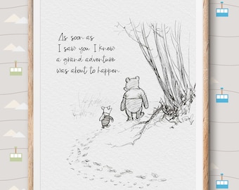Winnie the Pooh Print Quotes, pooh bear classic vintage style poster print - great adventure