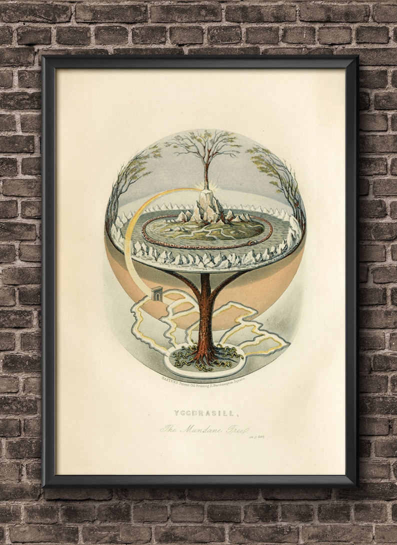 May include: A vintage illustration of Yggdrasil, the World Tree, from Norse mythology. The tree is depicted as a large, branching tree with roots that extend into the earth and branches that reach into the sky. The tree is surrounded by a circle of animals and figures, including a serpent, a dragon, and a wolf.