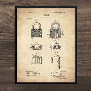 Padlock, Locksmith Gift, lock patent, locksmith, locksmith gift, man cave decor, gift for him, gift for men, unique gift, office art