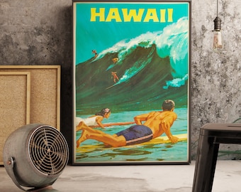 Vintage Hawaii Travel Poster – Surfing Wall Art Print