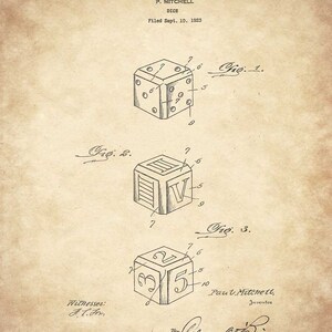 May include: A black and white line drawing of a patent for a dice design. The patent is dated May 26, 1925 and is titled "Dice". The patent shows three different views of the dice, each with a different number of dots on each side.