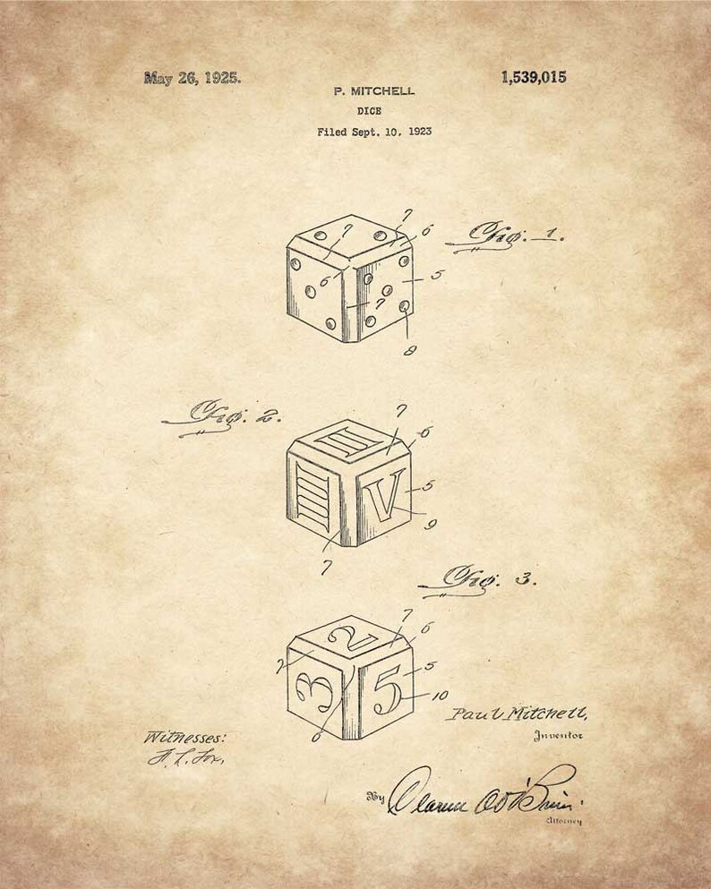 May include: A black and white line drawing of a patent for a dice design. The patent is dated May 26, 1925 and is titled "Dice". The patent shows three different views of the dice, each with a different number of dots on each side.