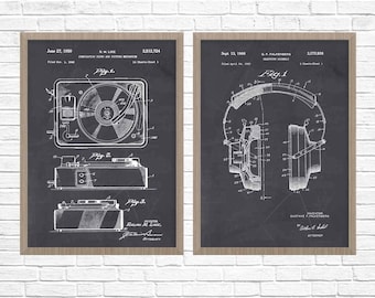 Stereo Patent Prints, Turntable and Headphones, Music Room Art