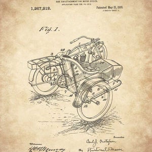May include: A black and white line drawing of a sidecar attachment for a motorcycle. The drawing shows the sidecar attached to the motorcycle and includes details of the design. The patent number 1,267,212 is visible at the top of the drawing. The drawing is titled "Fig. 1" and is dated May 21, 1918.