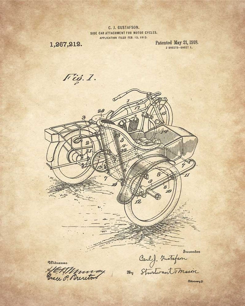May include: A black and white line drawing of a sidecar attachment for a motorcycle. The drawing shows the sidecar attached to the motorcycle and includes details of the design. The patent number 1,267,212 is visible at the top of the drawing. The drawing is titled "Fig. 1" and is dated May 21, 1918.