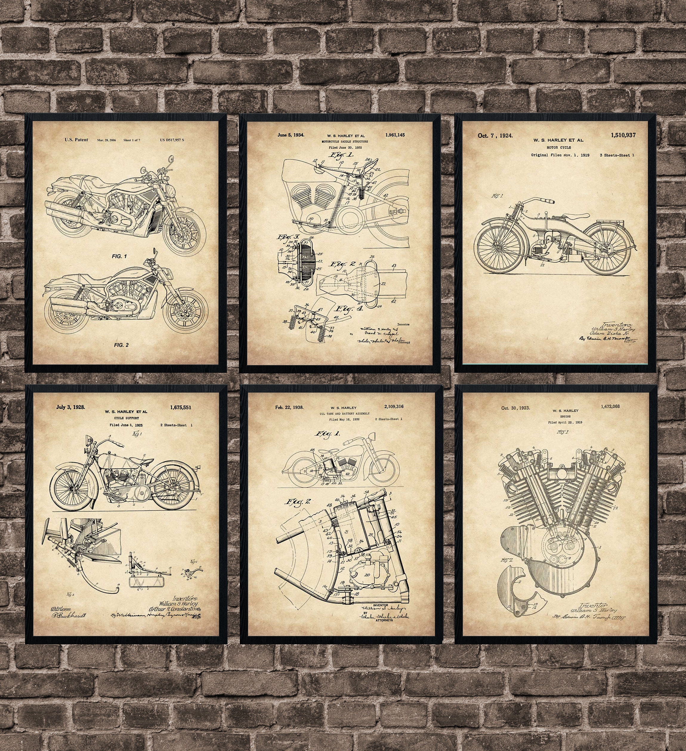 Harley Davidson Motorcycle Patent Prints Set of 6, Garage Mechanic