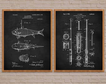 May include: Two vintage patent drawings on a black background. The left drawing shows a fishing lure with the text "Artificial Bait" and "Patented June 14, 1900". The right drawing shows a telescopic fishing rod with the text "Adjustable  Fishing Rod" and "Aug. 2, 1948".