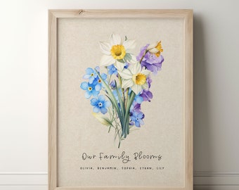 Cadeau personnalisé Naissance en famille, bouquet de fleurs, cadeau d'anniversaire de Noël, impression jardin personnalisée, fleur du mois de naissance