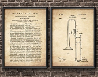 Slide Trombone Patent Poster Wall Art Set of 2, Music Room Decor, Band Director, Jazz Art, Trombone Art