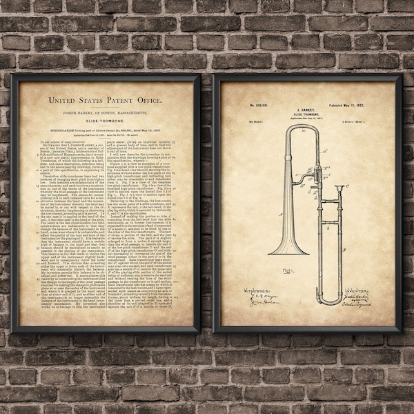 Slide Trombone Patent Poster Wall Art Set of 2, Music Room Decor, Band Director, Jazz Art, Trombone Art