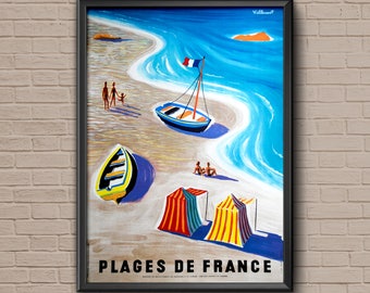 Vintage Frankrijk reisposter, Franse Rivièra strand kunstdruk