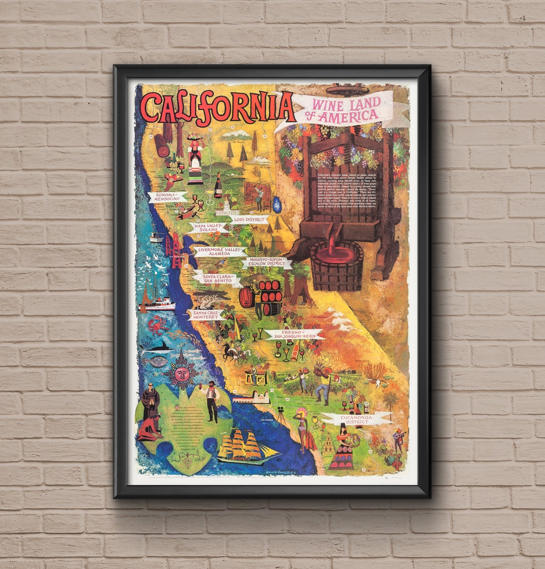 California Wine Land Wineries Poster for Wine Lover, California Art
