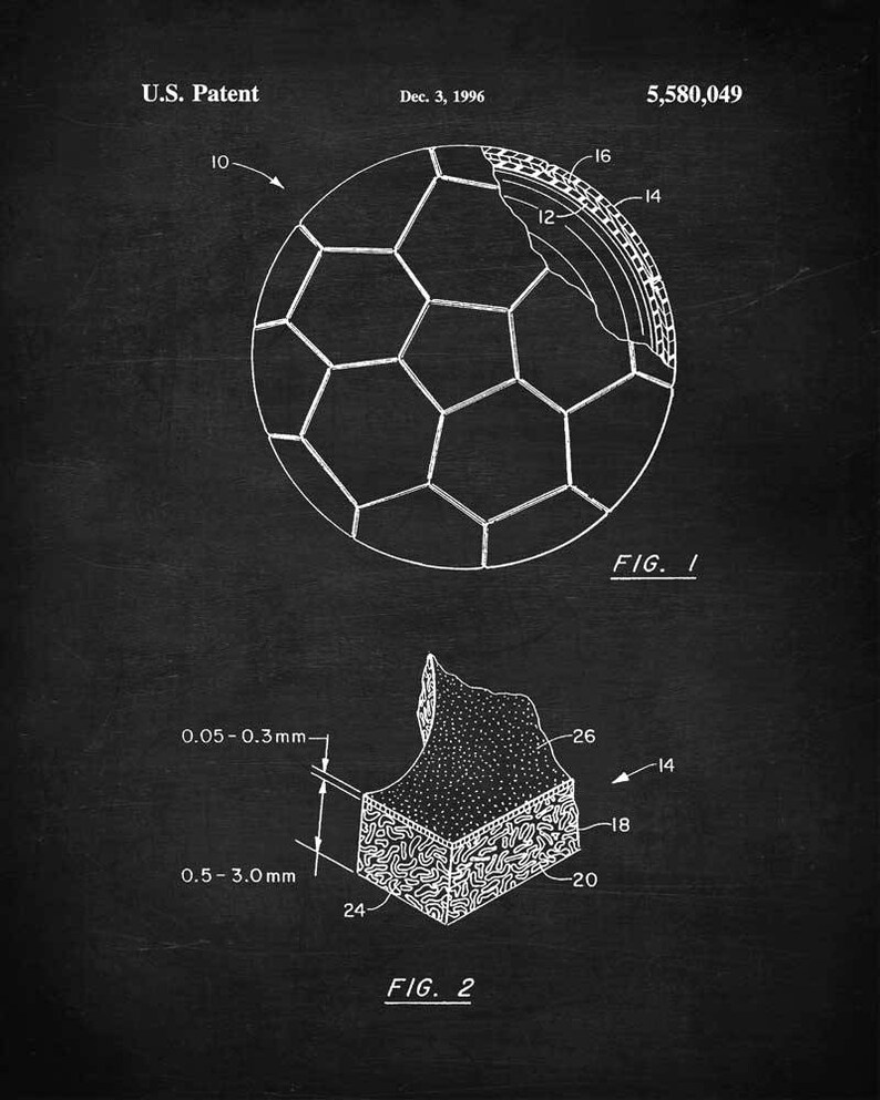 May include: A black and white line drawing of a soccer ball patent. The patent is for a soccer ball with a multi-layered construction. The patent drawing shows a cross-section of the soccer ball. The patent number is 5,580,049 and the date is December 3, 1996.