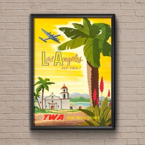 Arte de Los Angeles, cartel de viaje, los angeles, twa, impresión de viajes, impresión de Los Angeles, cartel de twa, decoración de viaje, vintage los angeles