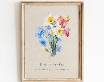 Personalized Gift Mom Birth Flower Bouquet Christmas Birthday Gift Personalized Garden Print Birth Month Flower