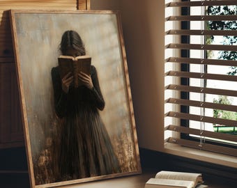Vintage Girl Reading Wall Art Moody Portrait Print of Woman Holding Book Antique Style Painting for Library Decor or Gift for Book Lovers