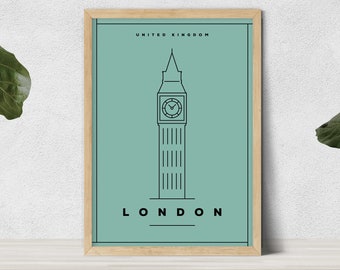 Londra Stampa Minimalista Mura Wall Art, Big Ben Stampa, Stampa di Viaggio, Decorazione City Home