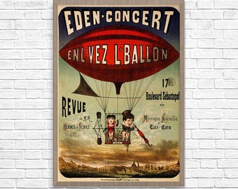 Concert Poster, Vintage Poster, 1884 French Hot Air Balloon Poster, Eden Concert Poster, Old French Poster, Wall Decor