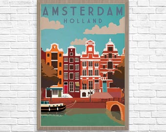 Amsterdam Europe Travel Art, Travel Holland Poster, Dutch Art