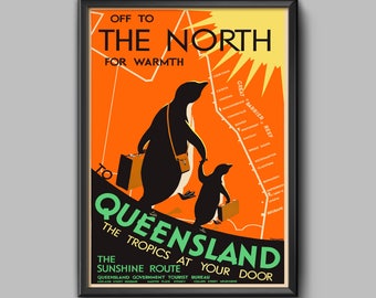 Vintage Queensland Australia Travel Poster – Penguin Art Print