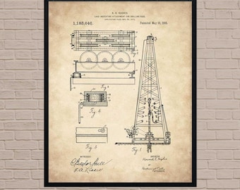 Oil Rig Blueprint Art Print, Industrial Decor